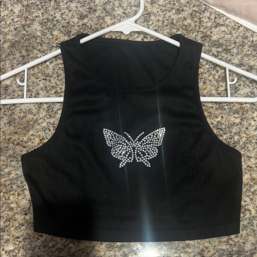 Black Butterfly Embellished Crop Top